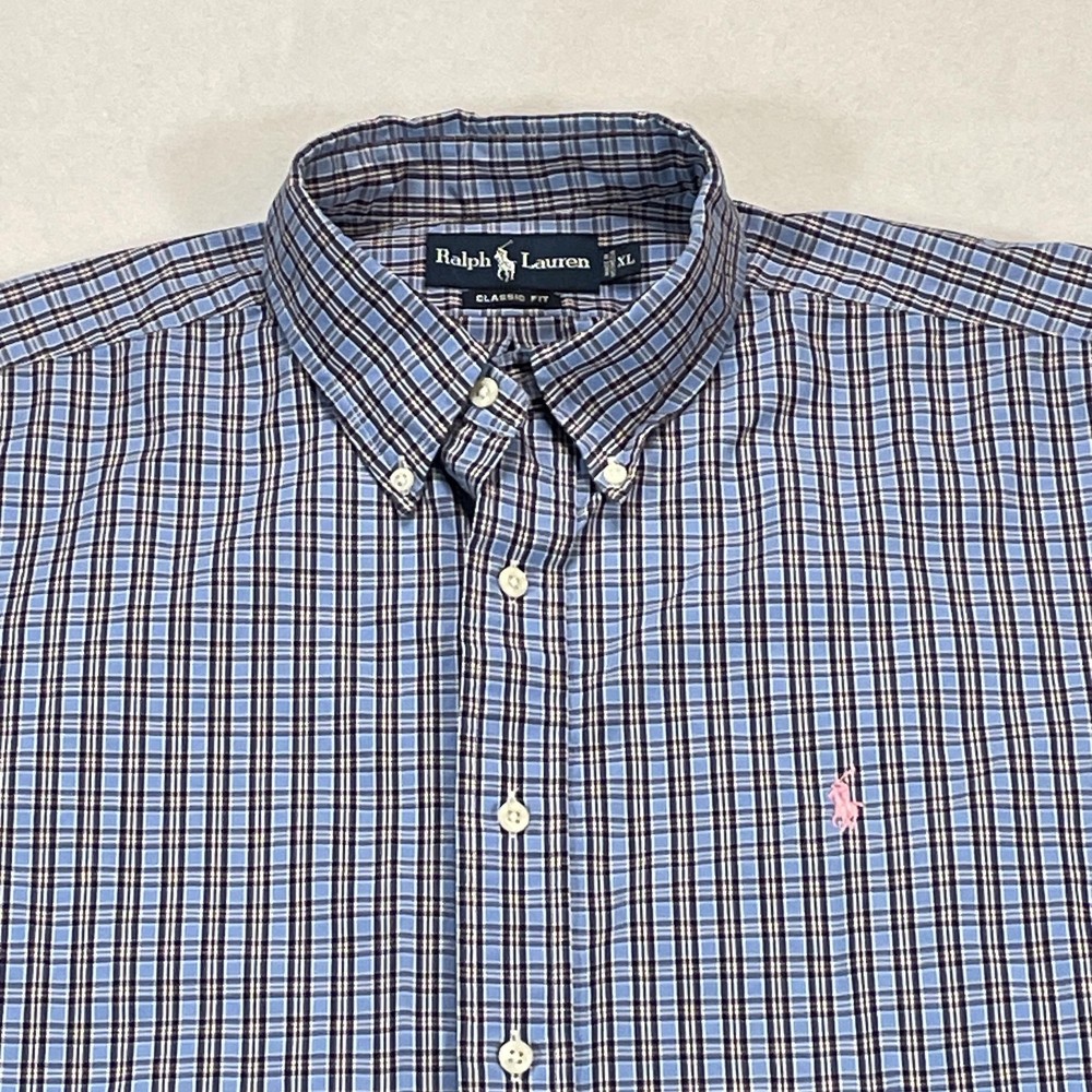 Ralph Lauren Shirt Mens XL Blue Plaid Classic Fit Short Sleeve Button Down