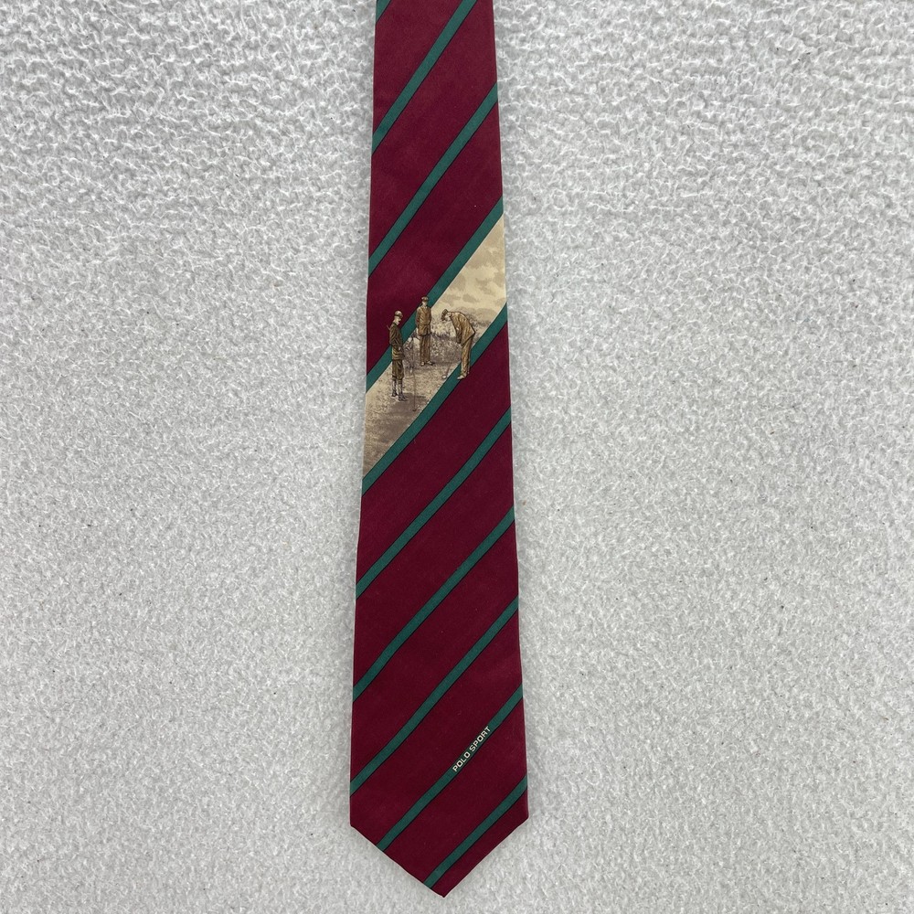 VTG Polo Sport Ralph Lauren Tie Mens Red Silk USA Hand Made Golf Country Club