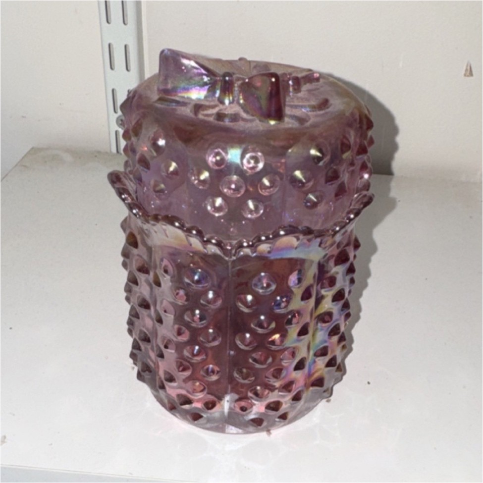 Vintage Fenton Purple Iridescent Hobnail Carnival Glass Jar With Lid, Glossy
