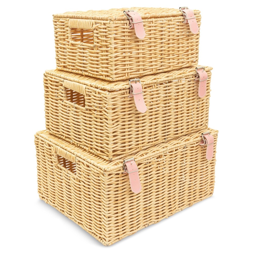 Wicker Baskets with Lid, Set of 3 – Large, Medium, Small Rectangular Woven St...