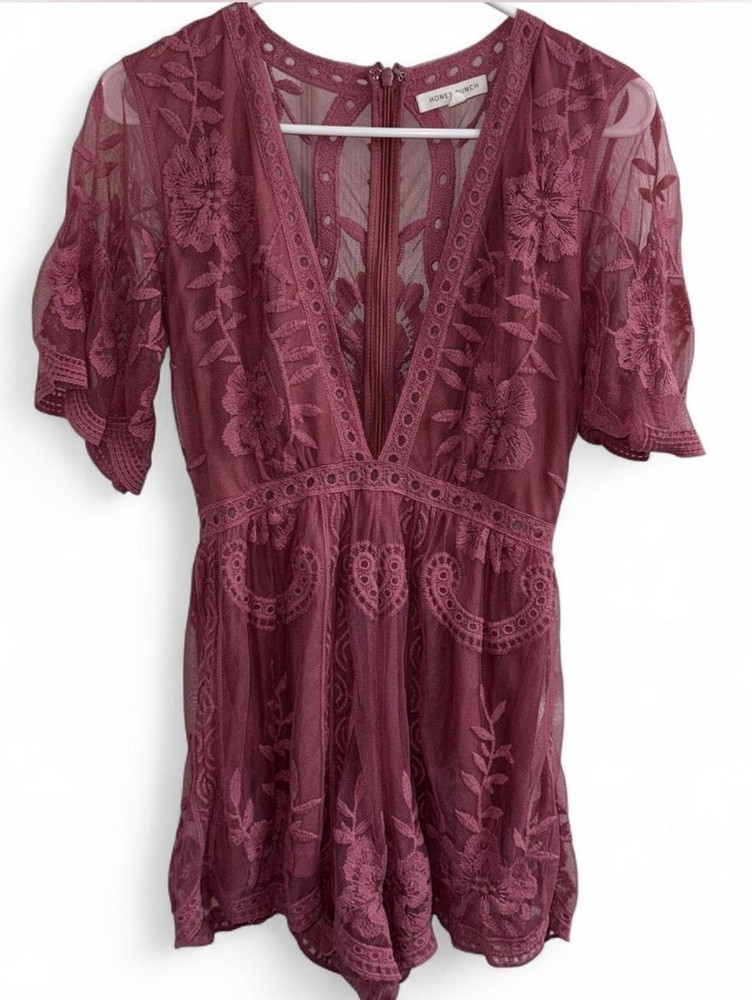 Honey Punch Pink Boho sheer lace romper with floral embroidery Size Small