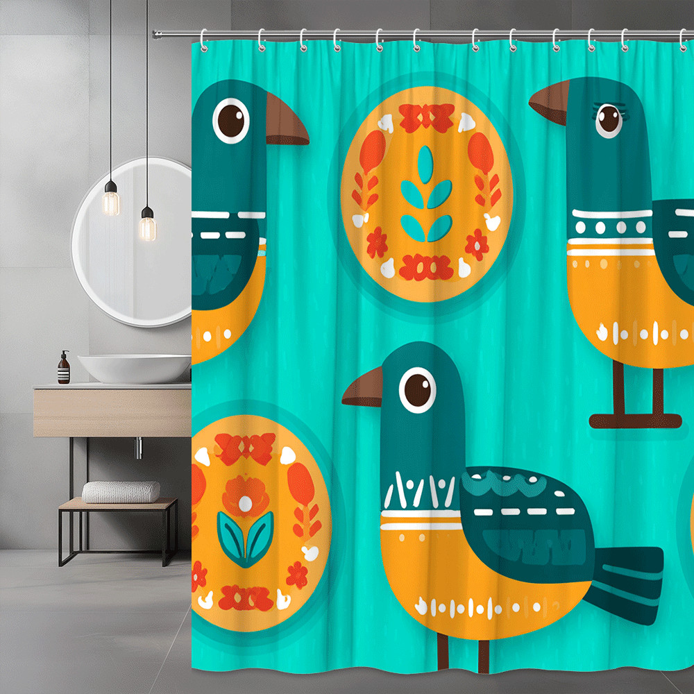 Bird Shower Curtain, Teal and Orange Folk Art Print