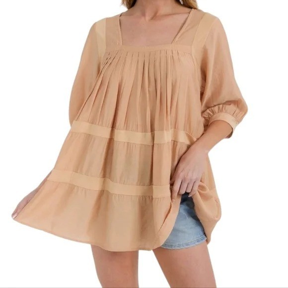 Easel Short Sleeve Square Neck Tiered Tunic Top Blouse Peach Blue New S M L