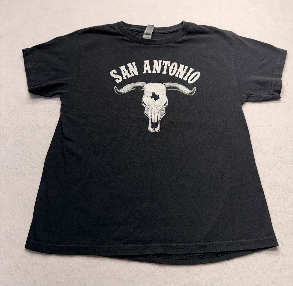 San Antonio Texas Souvenir T-Shirt Youth Sz M Black Longhorn Steer Skull Gildan