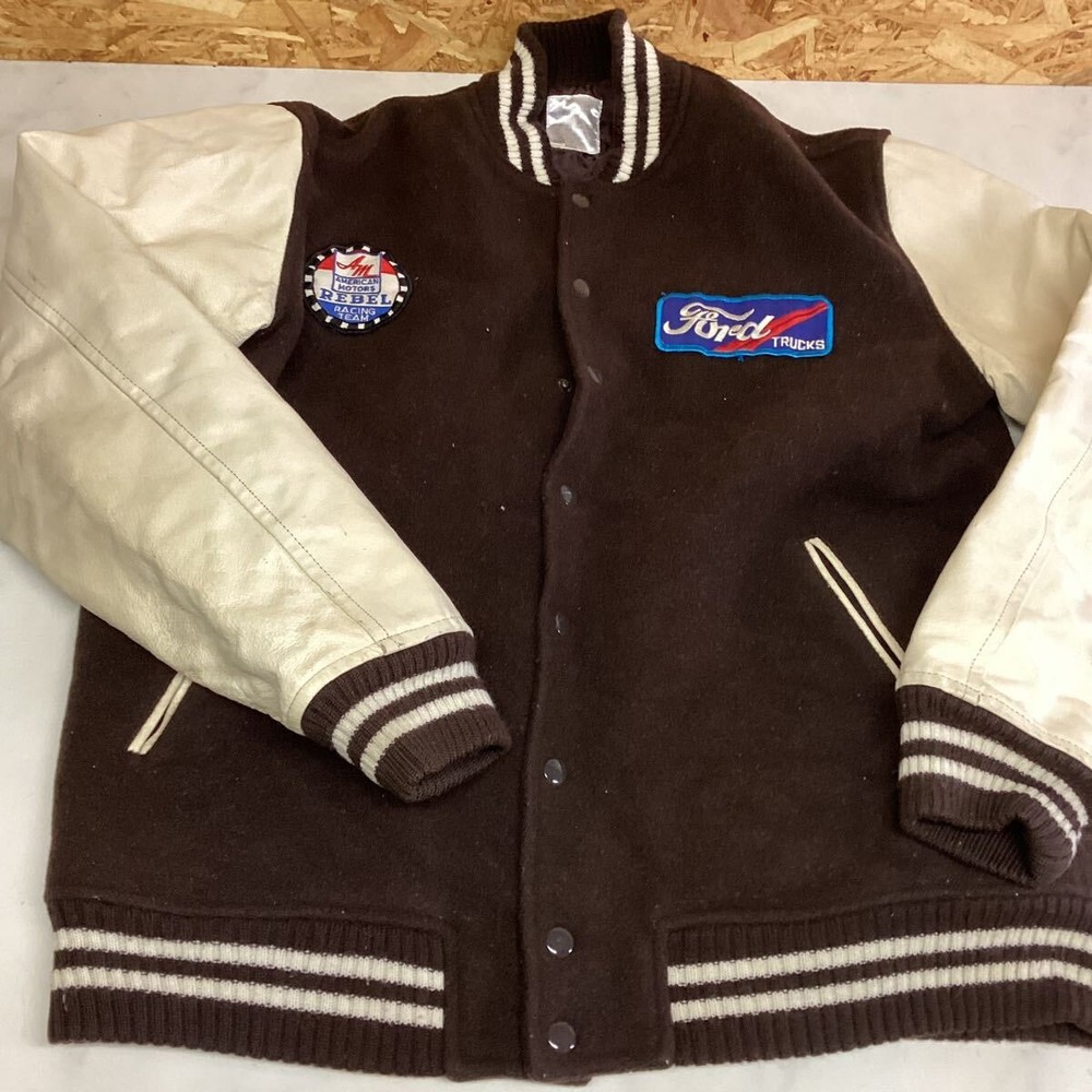 Vintage Brown Men's Leather Sleeve Stadium Jacket Size Large Rare KU28
