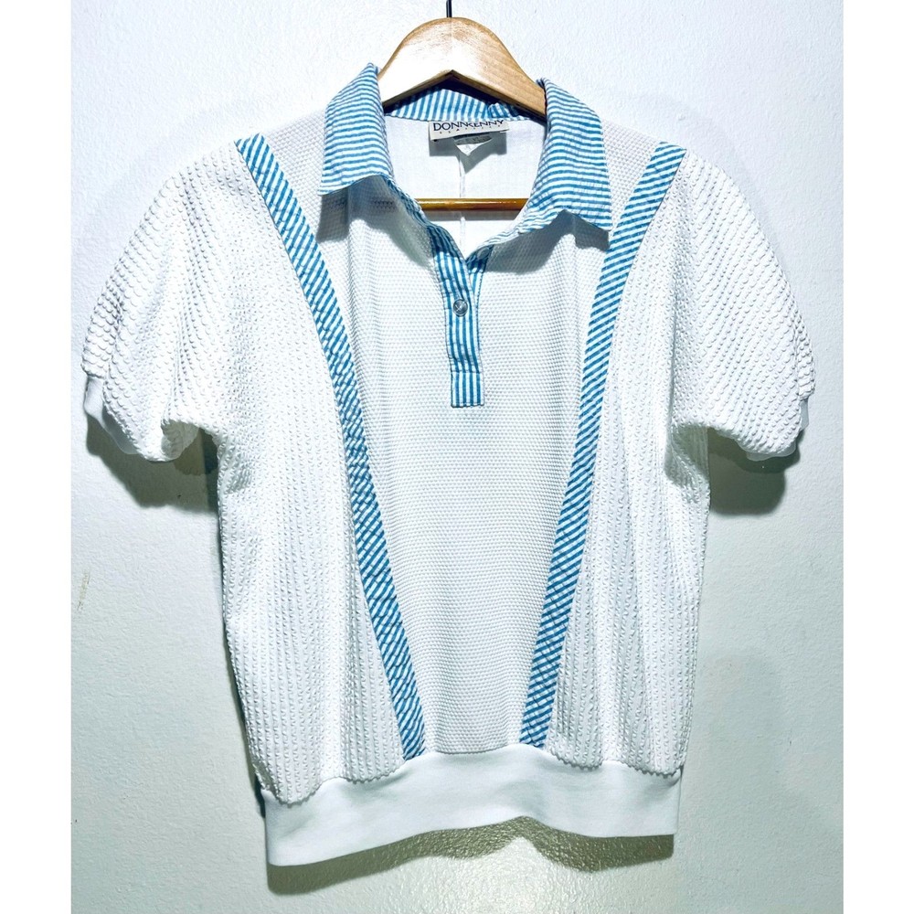 Donnkenny 80s vintage seersucker polo shirt with contrast trim for women