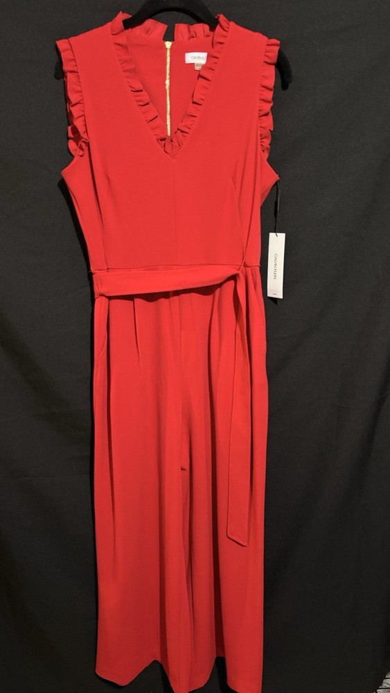 Calvin Klein Red Sleeveless Ruffle Zip Belted Wide-Leg Jumpsuit Size 12