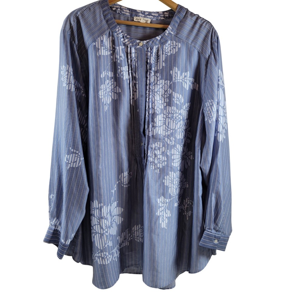 Jane and Delancey Tunic Blouse Womens 3X Blue Excellent Striped Floral Button Up