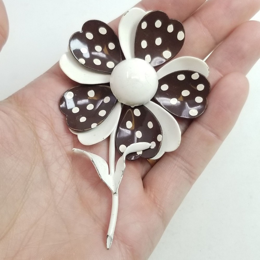 Vintage Brown and White Polka Dot Enamel Flower Brooch 60s 70s Style Lapel Pin