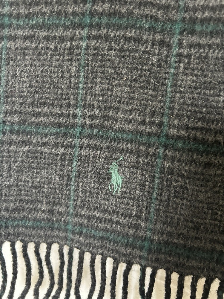 Polo Ralph Lauren Men's Lambs Wool Scarf Herringbone Plaid Fringe Made in Italy