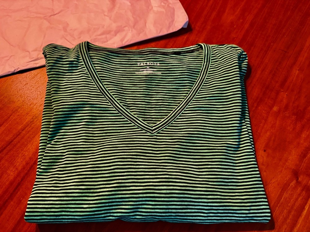 TALBOTS  Womens Size XL Top Blouse Shirt GREEN BLACK STRIPED SS Nice LOOK