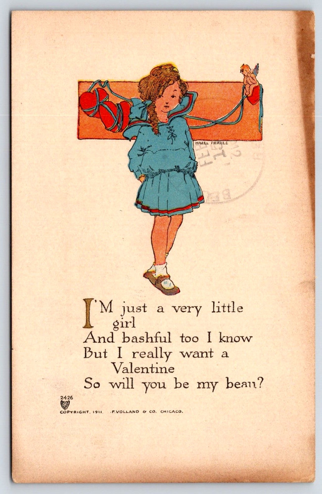 Vintage Old Antique Postcard Valentine Shy Girl Dress Angel Hearts Love Ohio