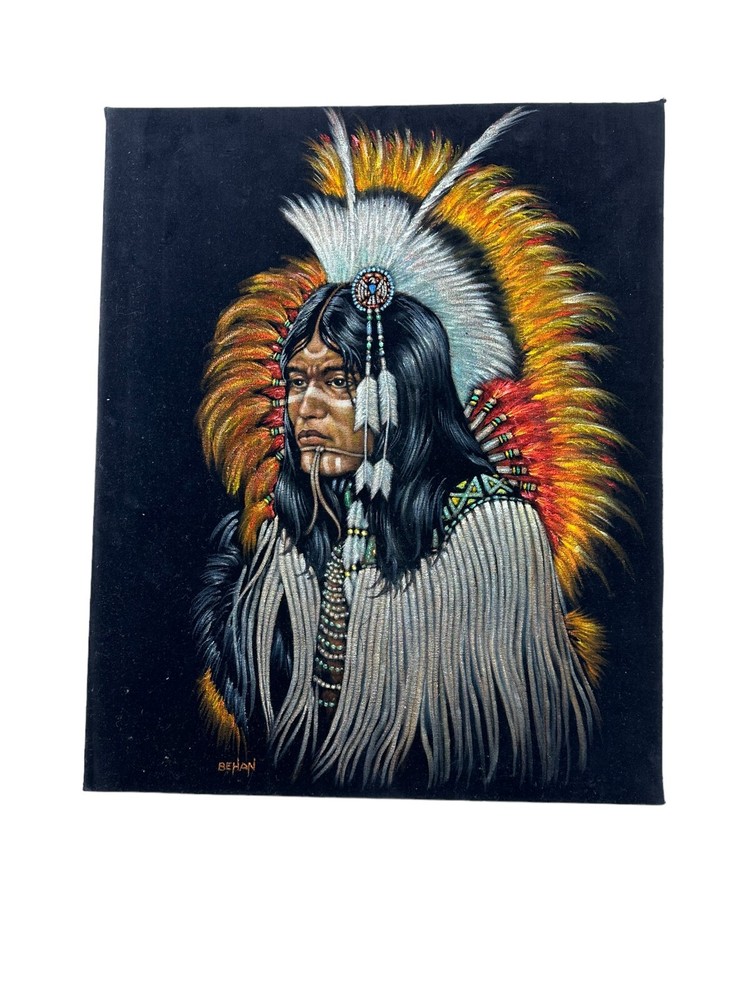 ORIGINAL LOUIS BEHAN OIL ON BLACK VELVET PAINTING. WARRIOR CHIEF. SIGNED.