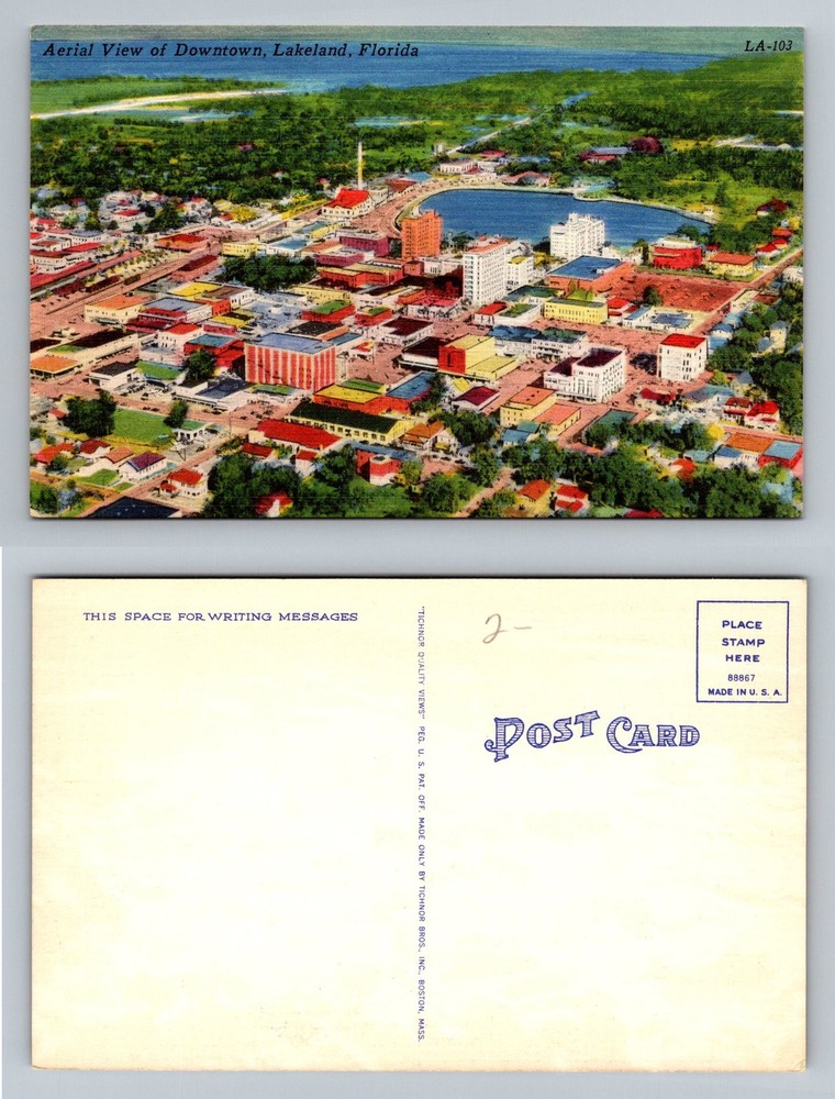 Lakeland, FL-Florida, Aerial Downtown Lakes Streets Buildings Vintage Postcard