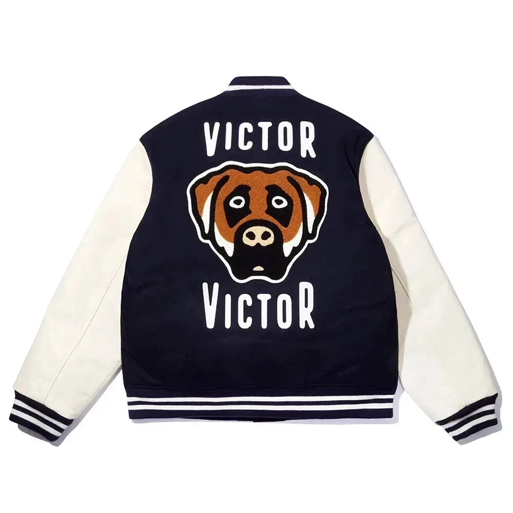 Human Made Victor Victor Navy and White Letterman Varsity Jacket