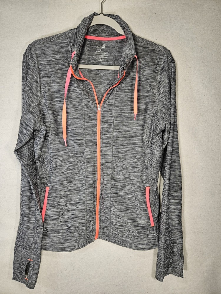 Lukka Women's Large Gray Long Sleeve Full Zip Mock Neck Jacket Pink Accent