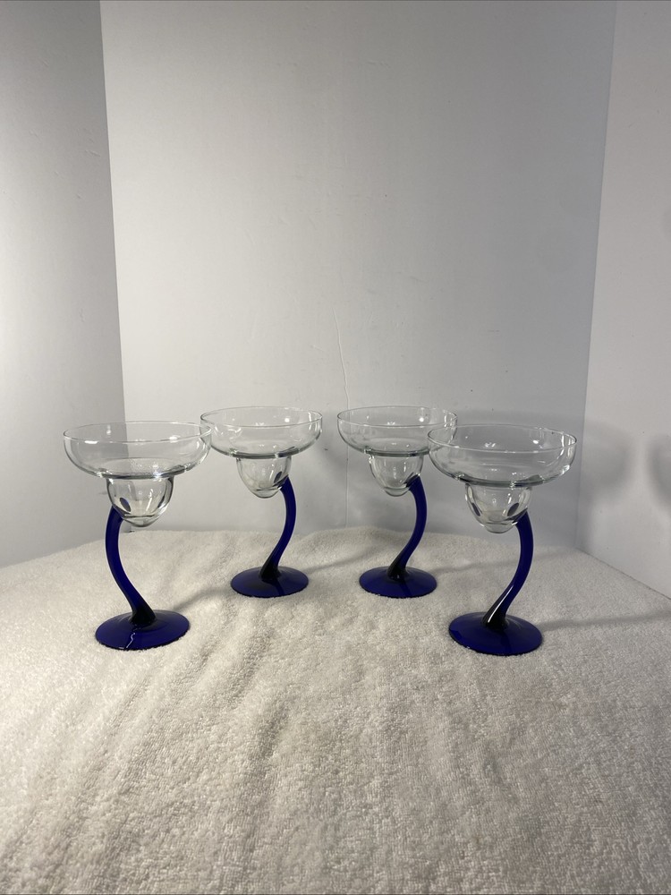 Cobalt Blue Martini Glasses - Set Of 4, Curved Stem, Vintage