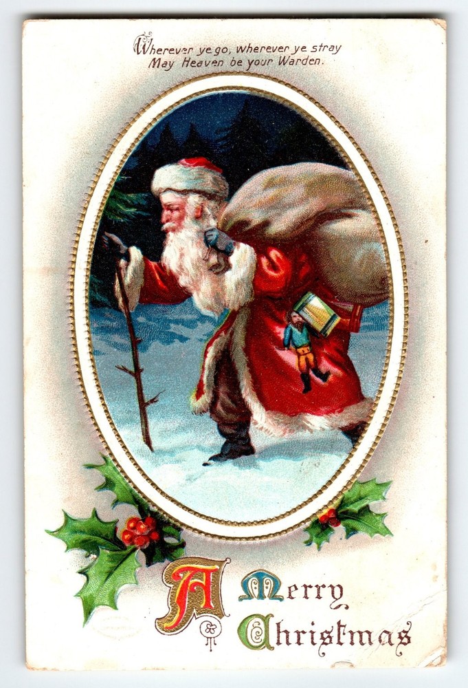 Vintage 1910 Santa Claus Christmas Postcard with Embossed Holly Design
