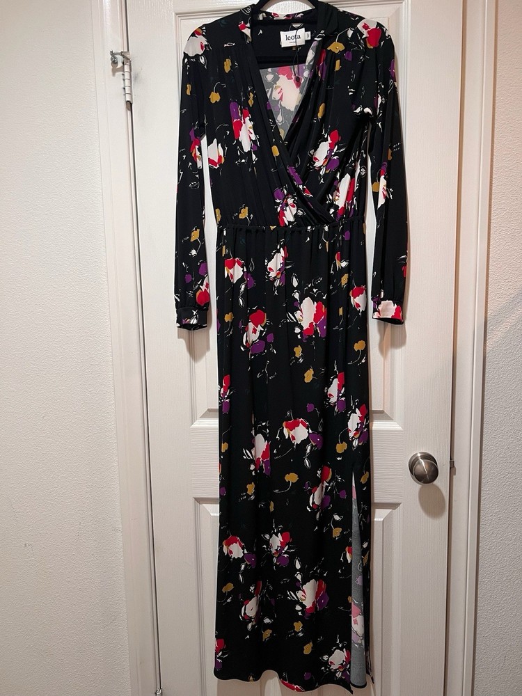 Leota Black Floral Printed Maxi Dress, Sz XS,  Travel Wrinkle Resistant Dress
