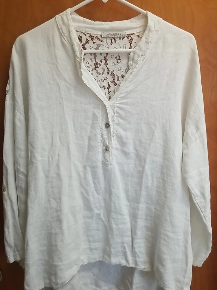 Viola Borghi Top Blouse 100% Linen Women’s Sz L White 3 Buttons Lace Linen