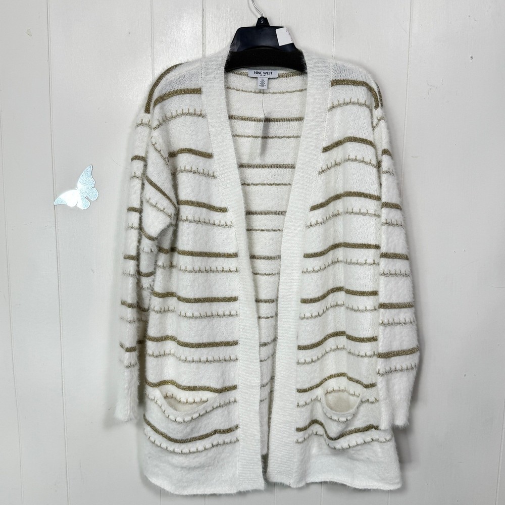 Nine West Jeans Womens Open Cardigan Sweater XL White Gold Lurex Texture NWT