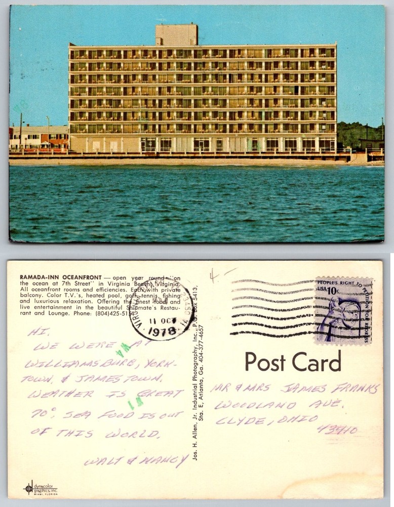 1978 Virginia Beach VA Ramada Inn Oceanfront Postcard Posted Walt & Nancy