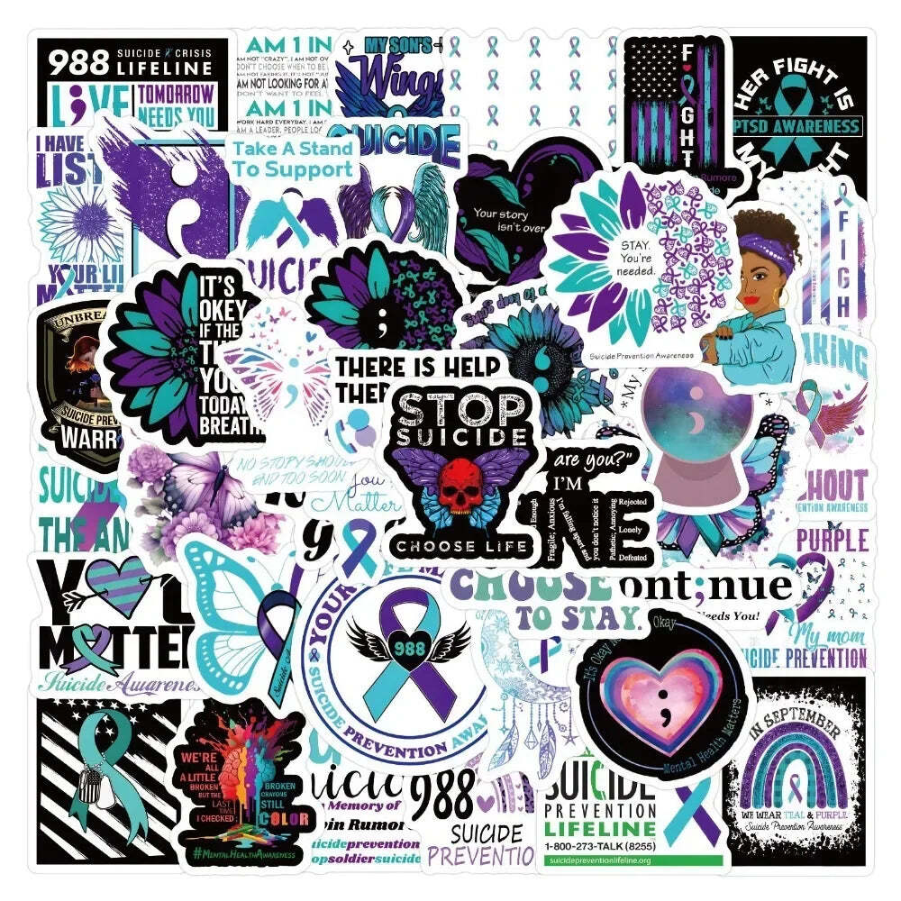 50/100Pcs Suicide Awareness Stickers Teal Purple Ribbon Suicide Prevention Water