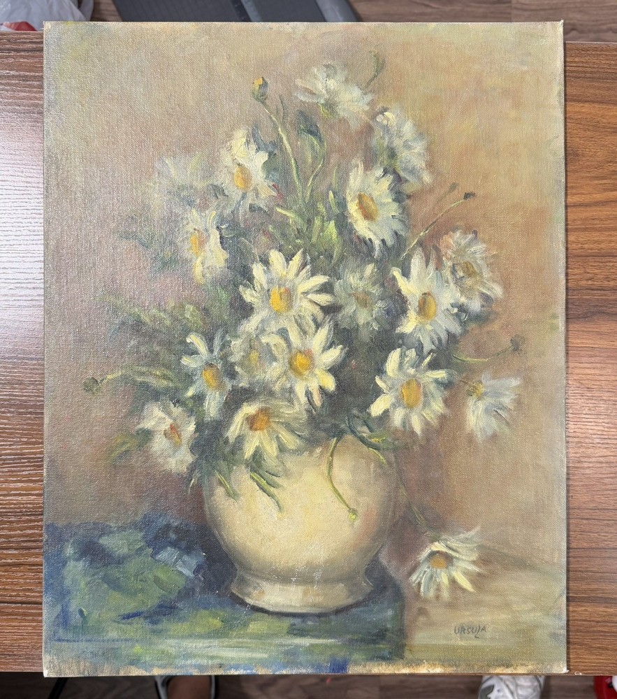 Vintage Original Oil Painting Daisies Floral Life Signed 16x20 Grumbacher Canvas