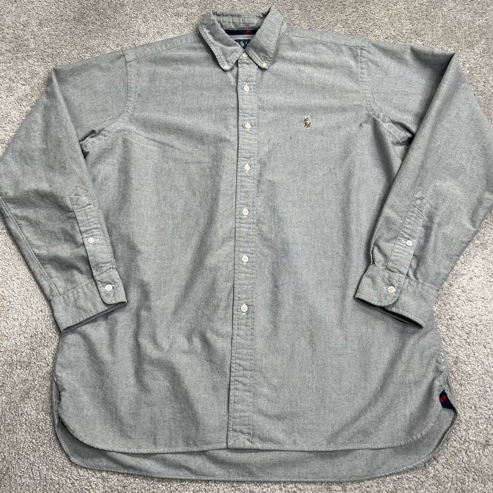 Vintage Ralph Lauren Button Down Shirt Mens Large Gray Cotton Oxford Long Sleeve