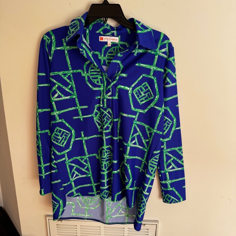 Jude Connally Geometric Bamboo Tunic Top Womens Blue Small Long Sleeve V-Neck