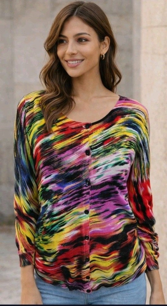 Joseph A Sweater Cardigan Size M Artsy Look 3/4 Sleeve Rayon Button