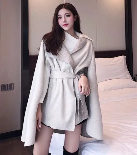 Women’s Elegant Wool Blend Cloak Jacket with Belted Poncho Style
