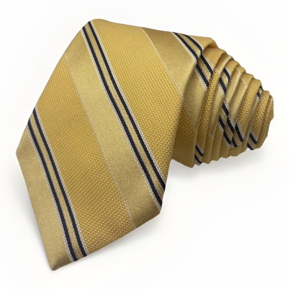 Brooks Brothers Regimental Stripe Silk Tie Yellow Navy White XL Makers&Merchants