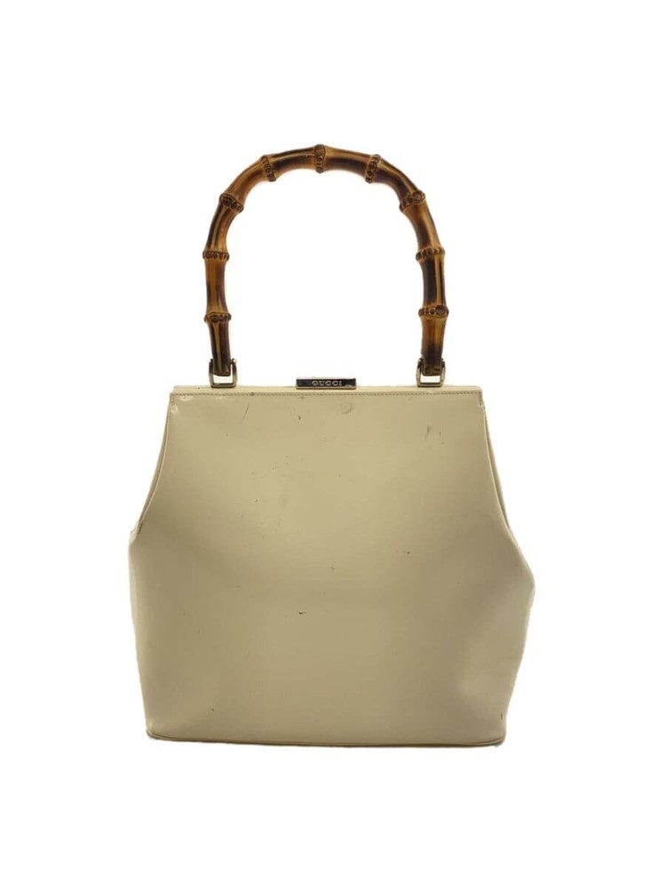 Authentic Japanese GUCCI White Leather Bamboo Handle Handbag