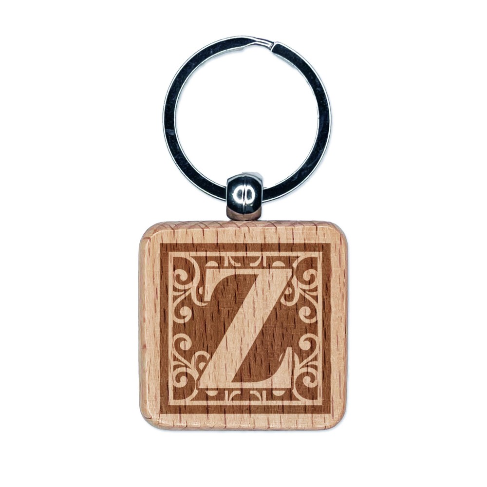 Monogram Swirls Capital Letter Z Engraved Wood Square Keychain Tag Charm