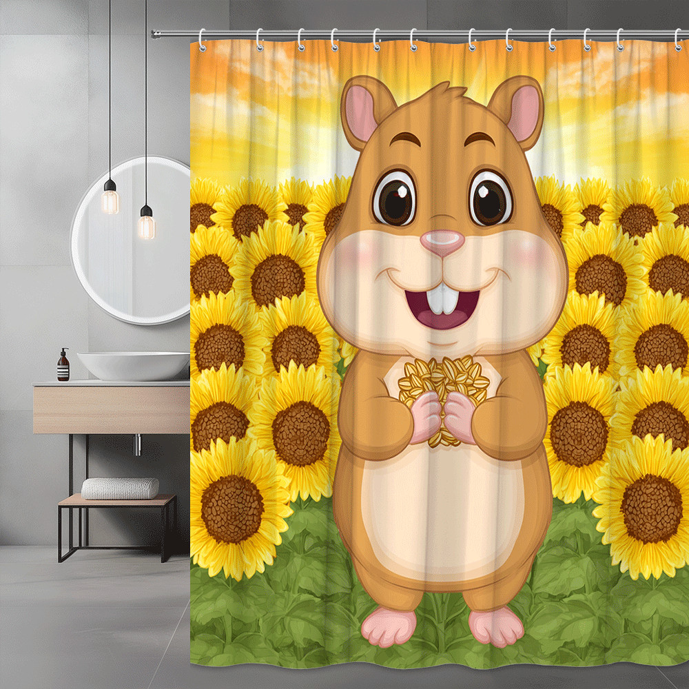 Cute Hamster Sunflower Shower Curtain Cartoon Floral