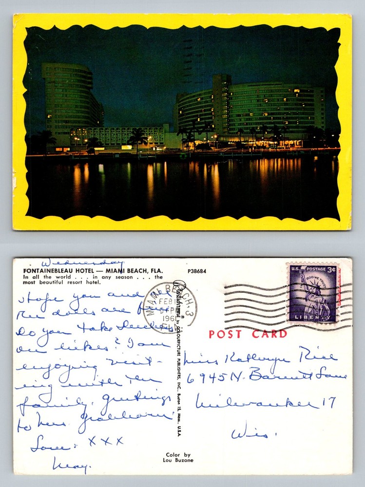 Miami Beach, FL-Florida, Fontainebleau Hotel Night Lights Vintage c1961 Postcard
