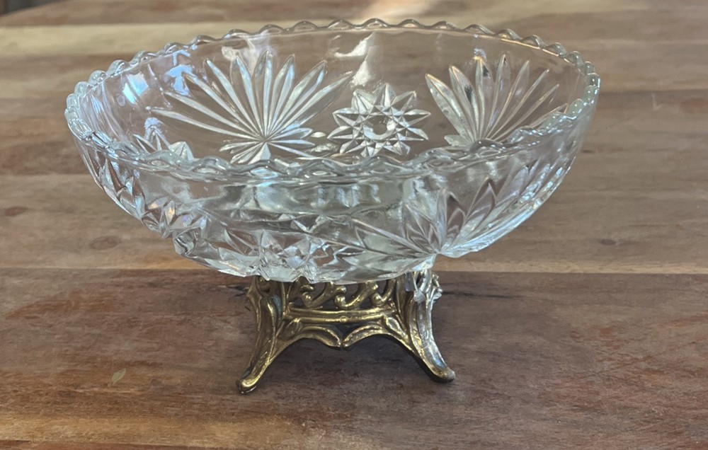 Vintage Brass Footed Crystal Etched Bowl 4” Tall 7” Diameter