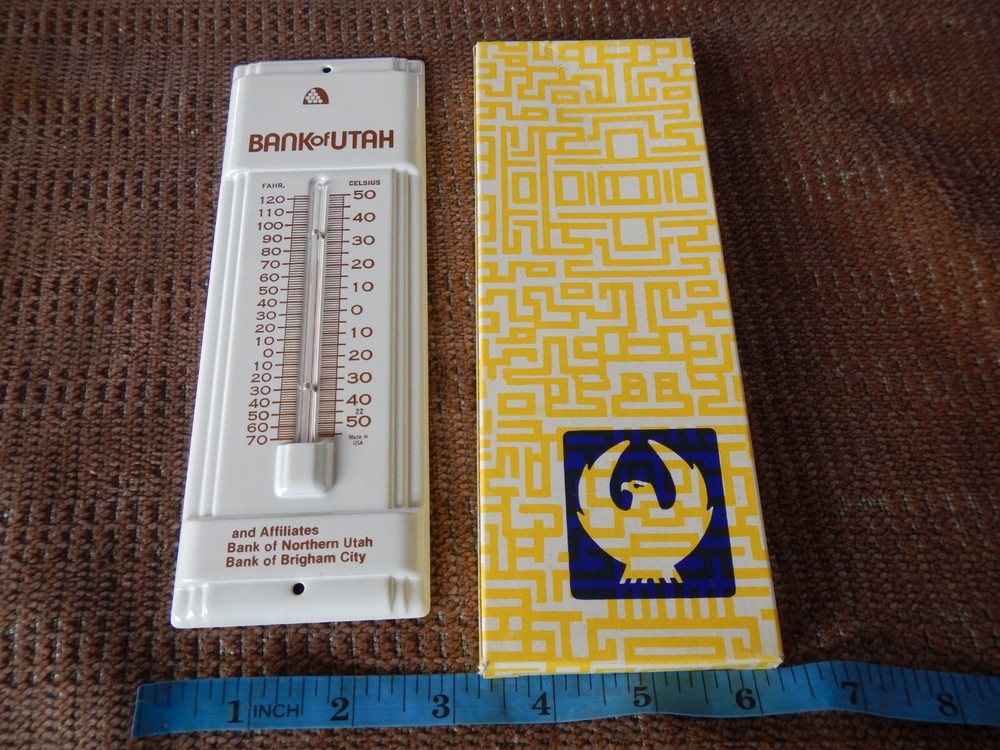 VINTAGE 1980 ADVERTISING THERMOMETER BANK OF NORTHERN UTAH IN ORIGINAL BOX NOS