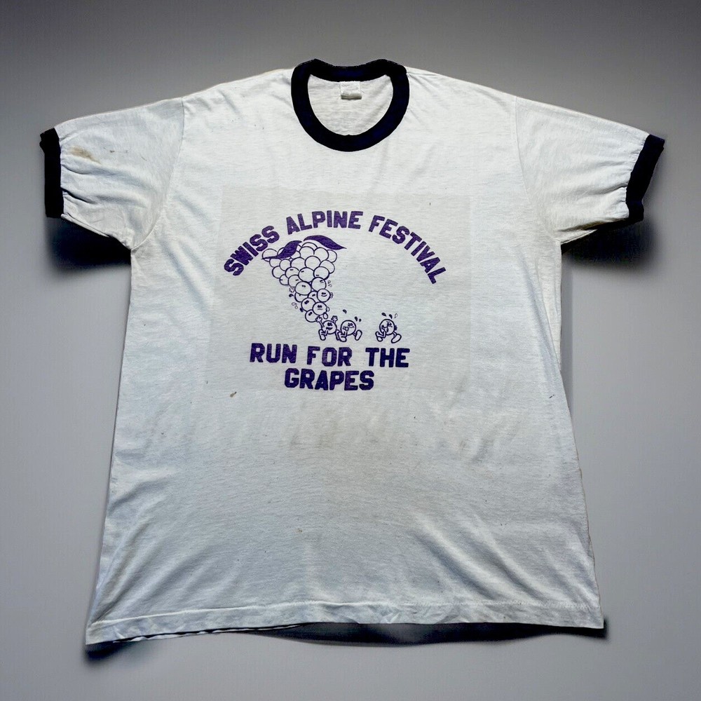 Vintage Swiss Alpine Festival Run For The Grapes Ringer Shirt Size XL Distressed