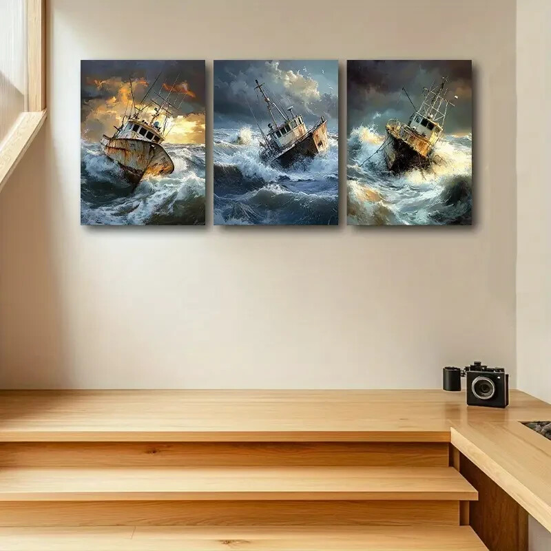 3pcs Dramatic Fishing Boat Scenes in Stormy Seas Metal Print Ready to Hang Art