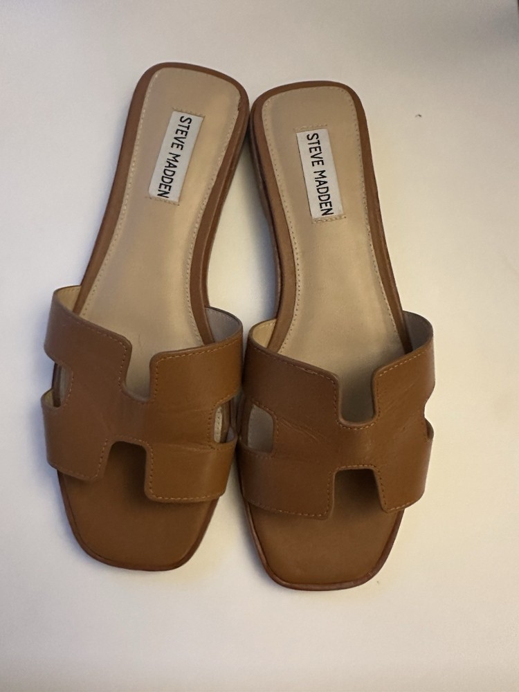 Steve Madden Square Toe Leather Flat Slide Sandals Cognac Women’s Size 8.5 M