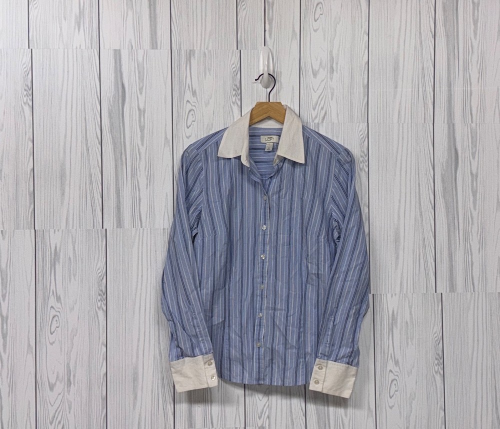 Ann Taylor LOFT button up shirt womens size 12 long sleeve blue striped blouse