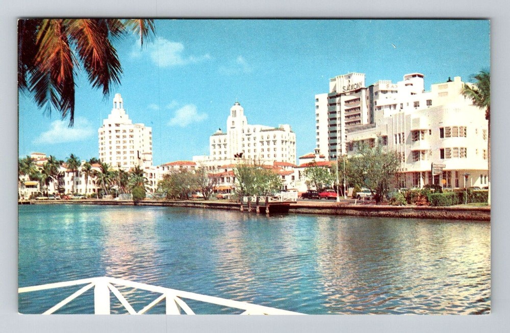 Miami FL-Florida, Saxony Hotel, Indian Creek, Row of Hotels, Vintage Postcard