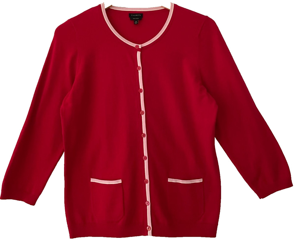 Talbots size M Red Cardigan Sweater Pink Trim Pockets Button Front NauTiCAL Y2K