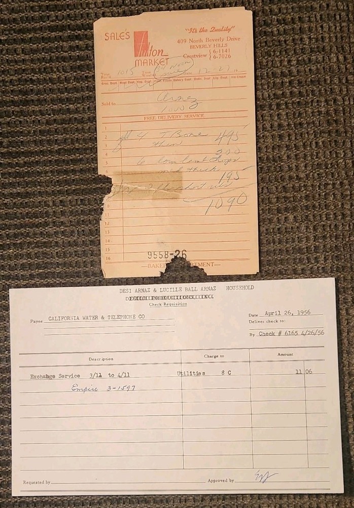 LUCILLE BALL DESI ARNAZ I Love Lucy Household Grocery Invoice + Utility Receipt