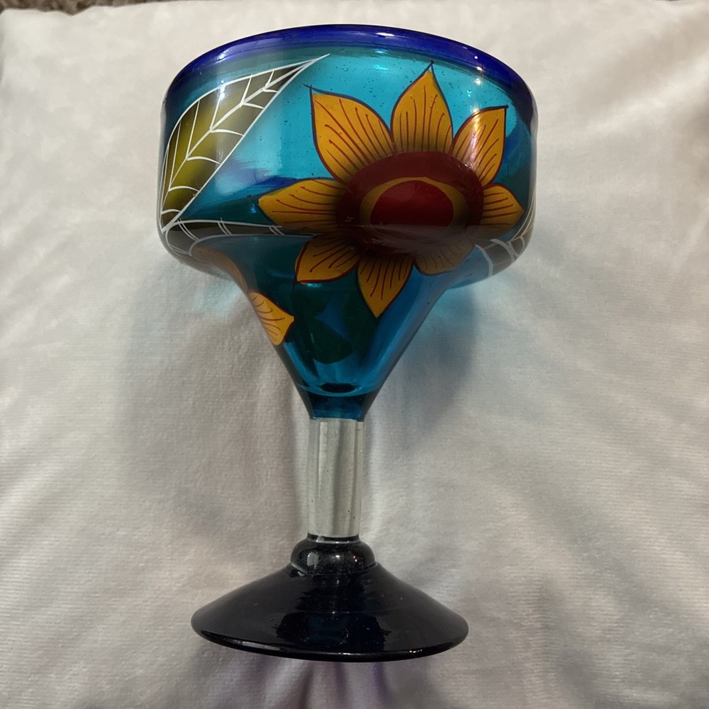 Margarita Glass Cobalt Blue Mexican Painted Sunflower & Leaf Hand Blown Glass
