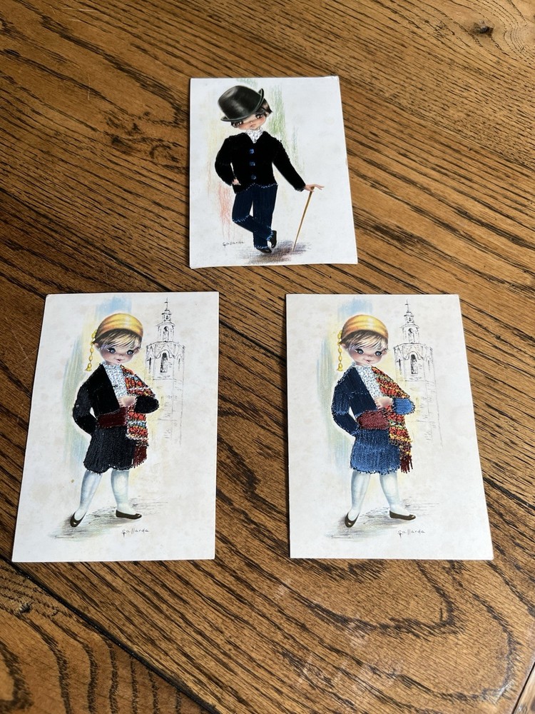 Lot Of 3 VTG Big Eye Embroidered Post Cards By Gallardo  4x6