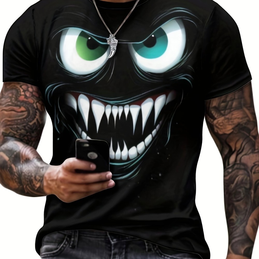 Men's Novel 3D Evil Smiling Face Printed T-shirt, Casual And Fashionable T-shirt