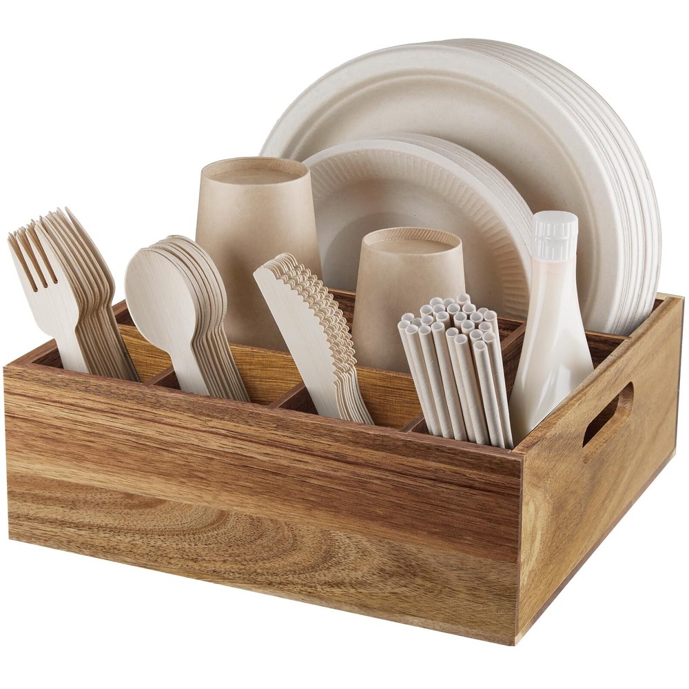 Acacia Wood Utensil Holder for Party - Paper Plate Organizer for Countertop -...-image
